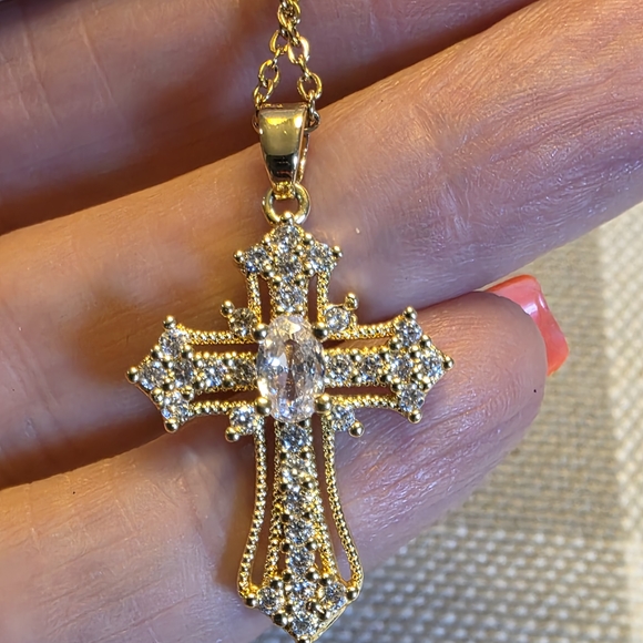 Goldtoned Cross CZ Pendant Necklace - Picture 1 of 6